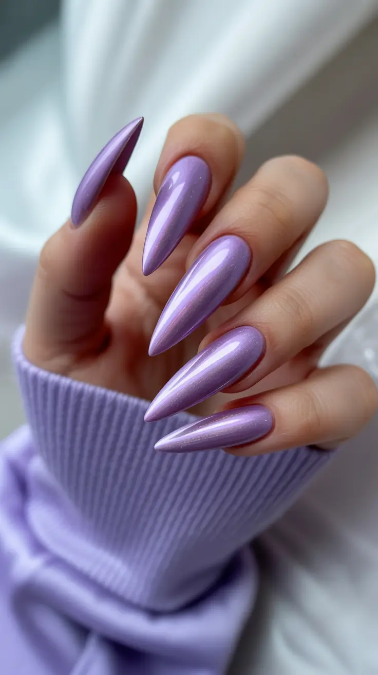 spring nail colors 2026 Lilac Chrome Glow for Sharp Stiletto Drama
