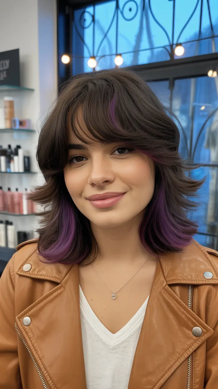 amazing spring short hairstyles 2026 Soft Layered Midi Shag with Hidden Violet