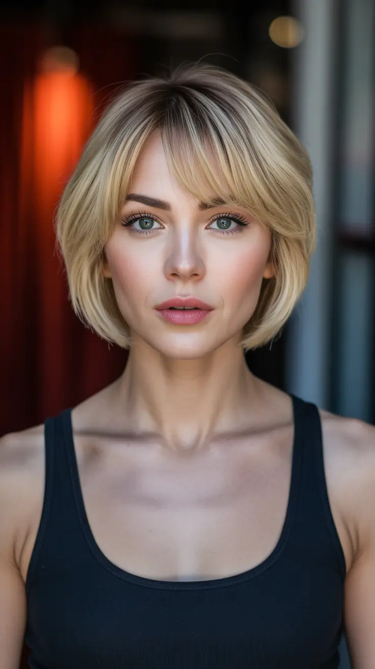 amazing spring short hairstyles 2026 Soft Blonde Short Bob with Wispy Bangs