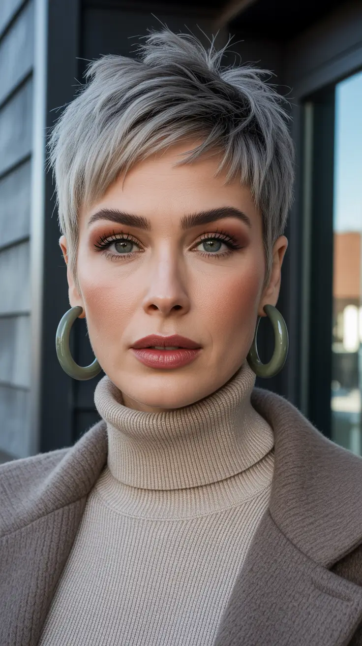 amazing spring short hairstyles 2026 Feathered Silver Pixie with Lifted Crown