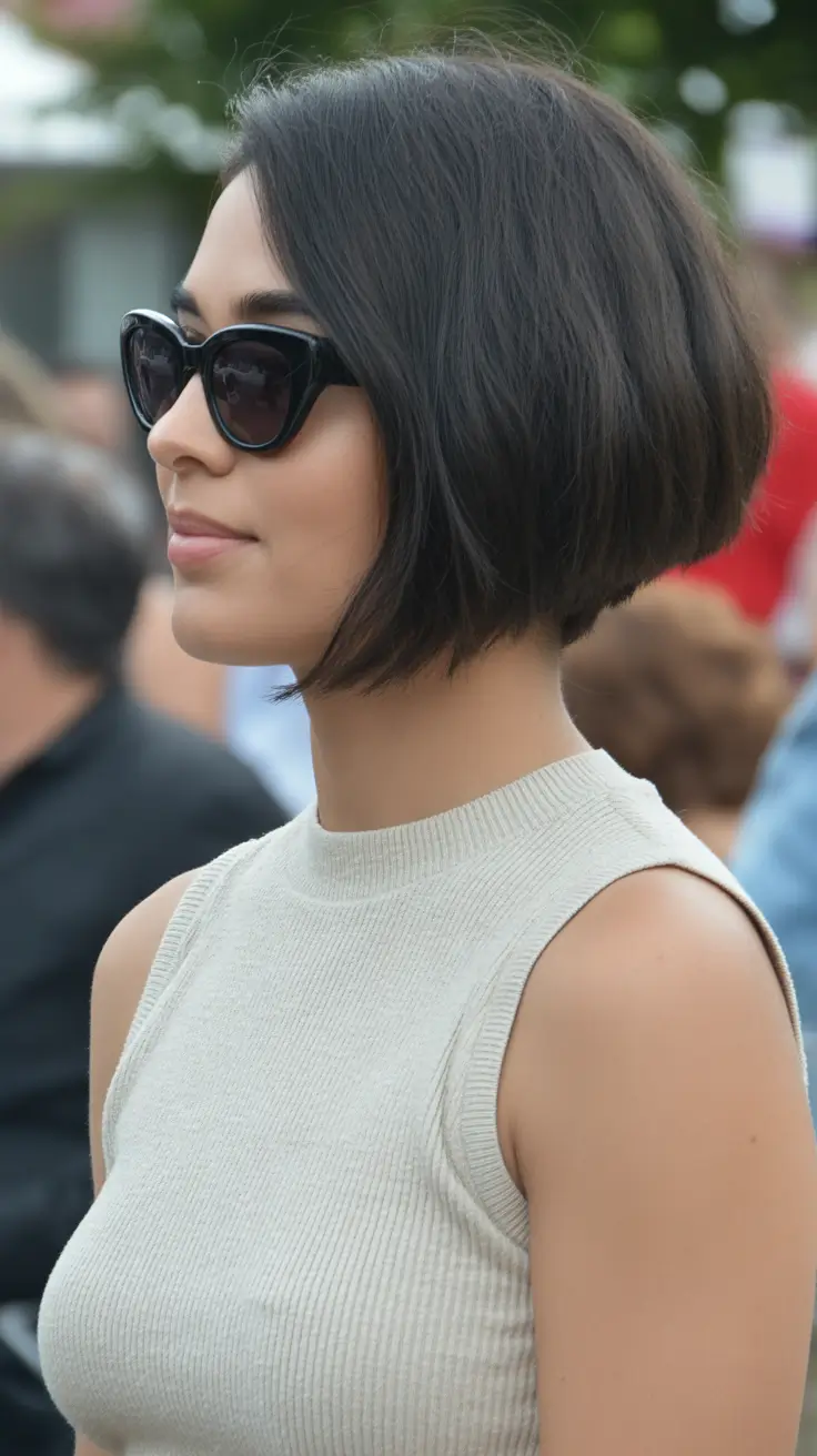 amazing spring short hairstyles 2026 Angled Sleek Brunette Bob