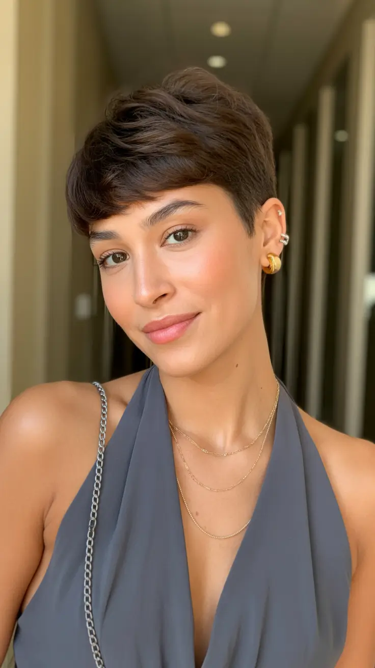 amazing spring short hairstyles 2026 Soft Textured Brunette Pixie