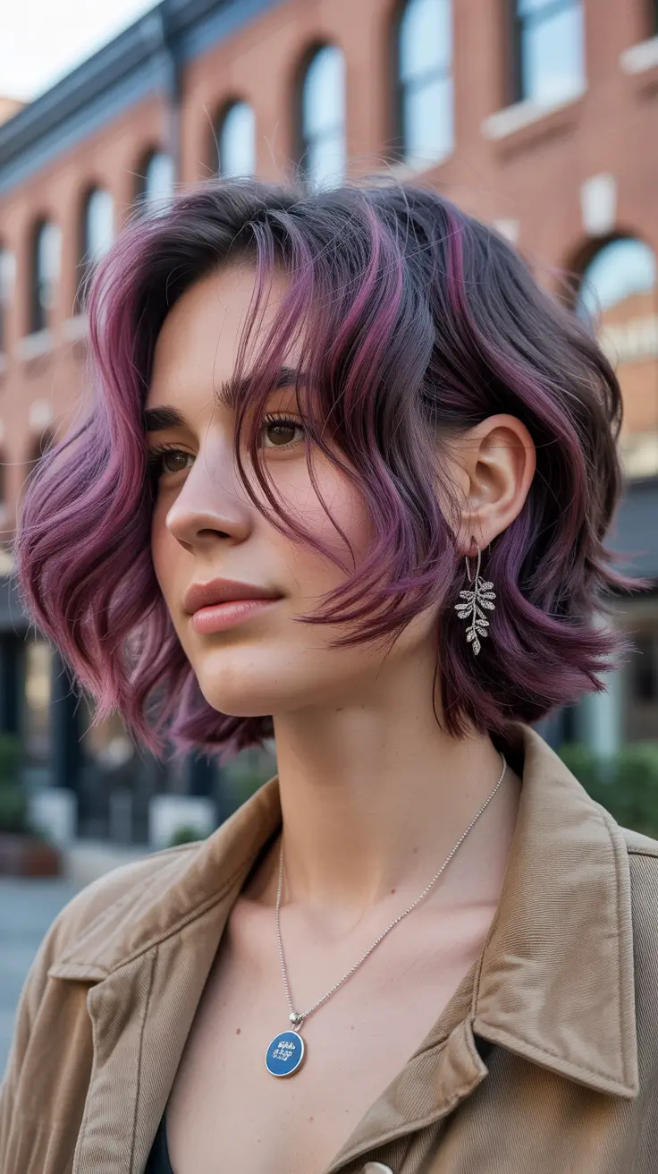 amazing spring short hairstyles 2026 Textured Violet Wavy Bob with Dimension