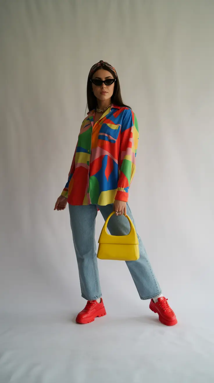 2026 Red Chunky Sneakers Paired With Playful Multicolor Prints