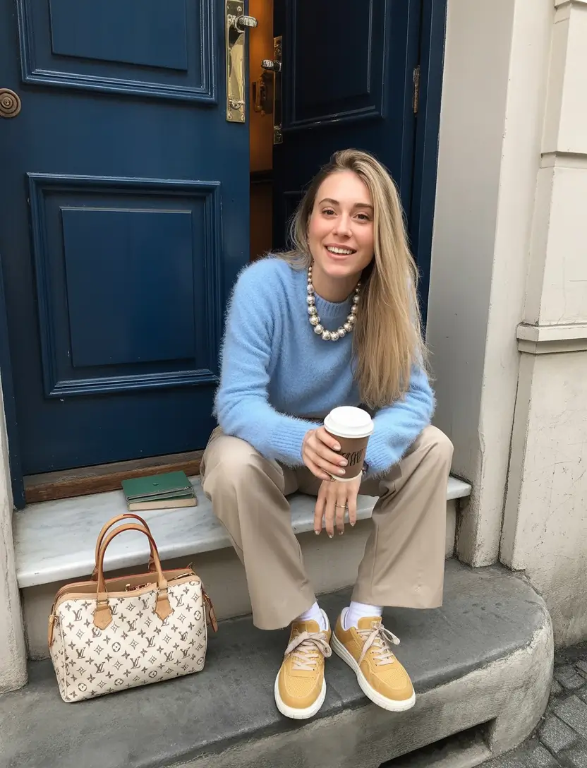 2026 Golden-Yellow Sneakers With Soft Blue Knitwear for a Cozy Spring Moment