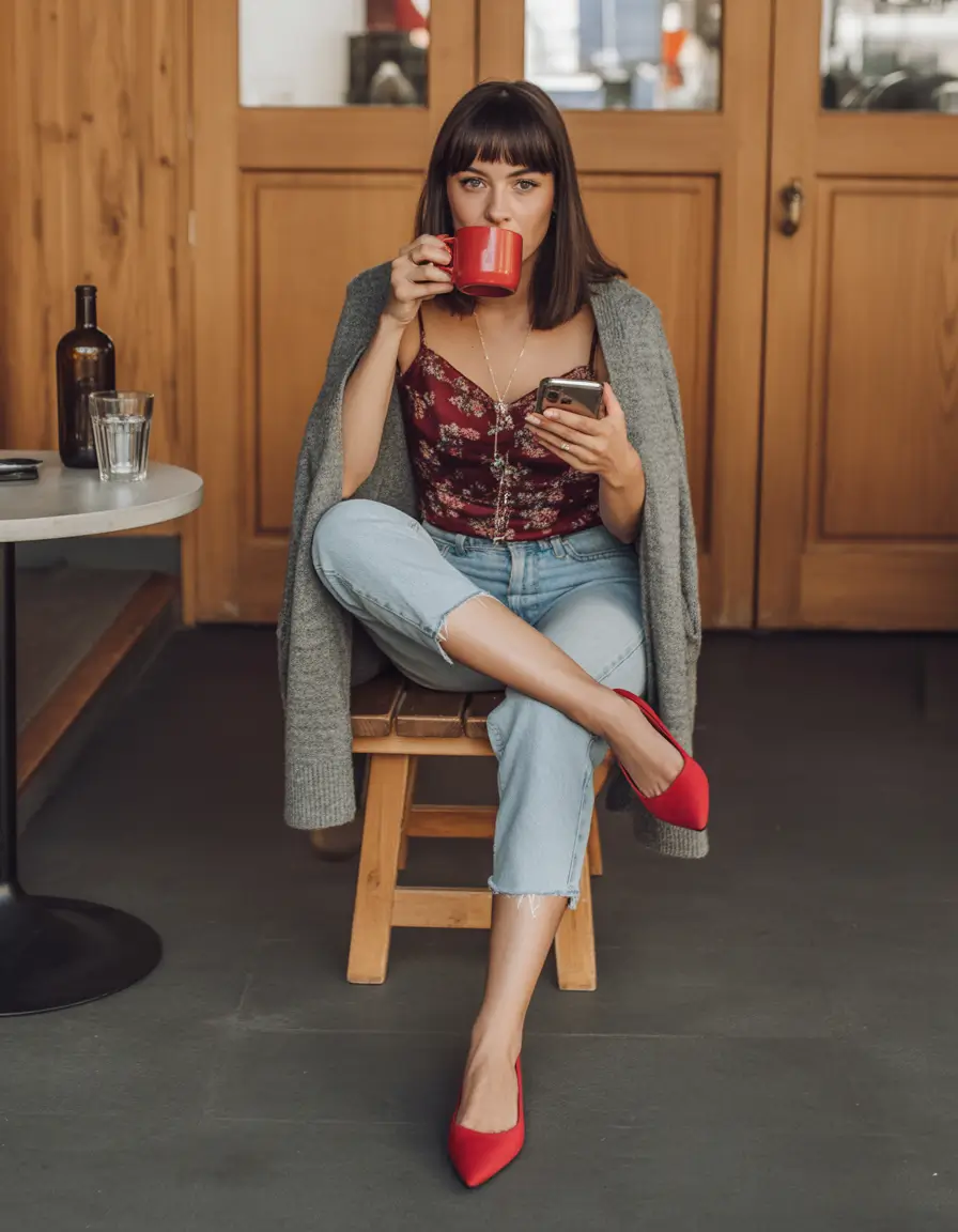 2026 Red Pointed Flats With Romantic Florals for a Café-Ready Spring Look