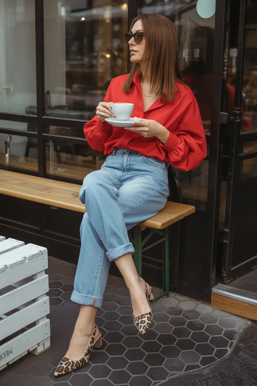 2026 Leopard Slingbacks With a Classic Red Blouse for Confident Spring Energy