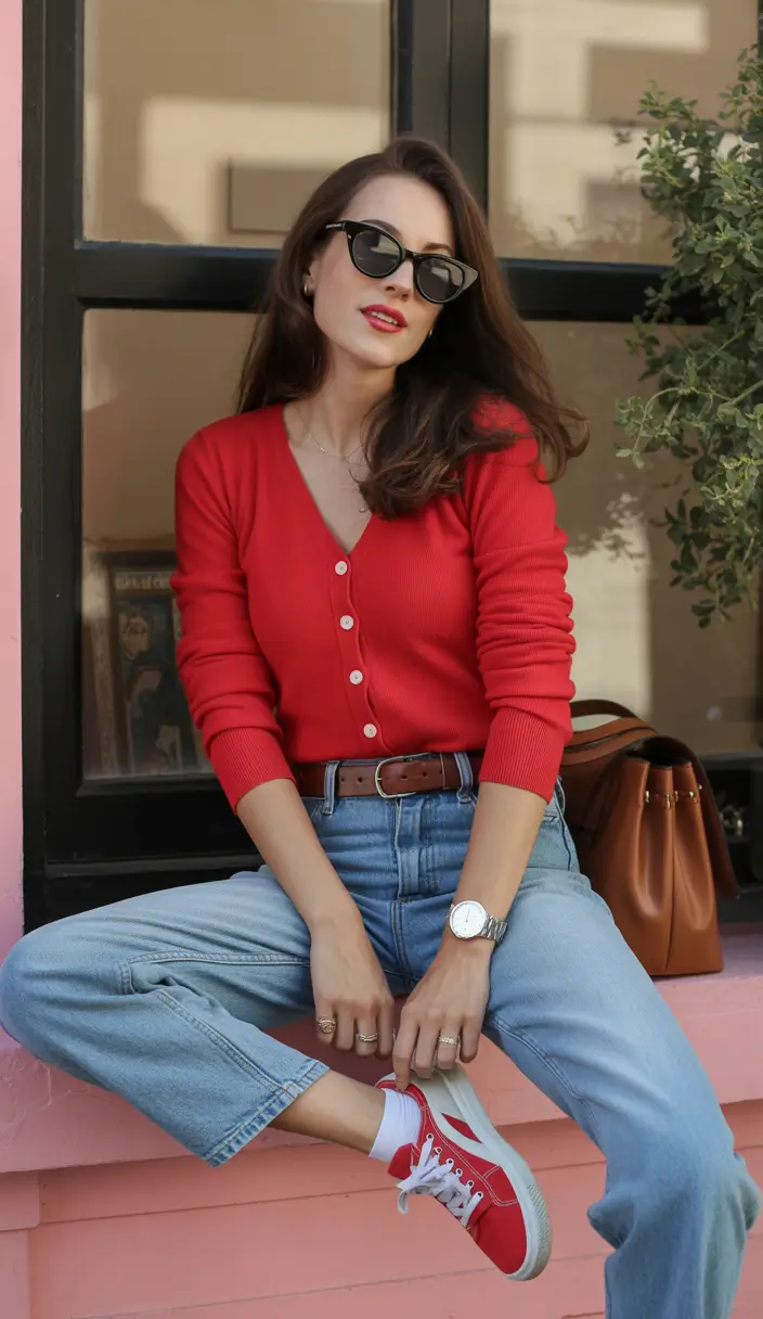 2026 Classic Red Sneakers With Denim and a Slim Cardigan for a Retro-Cute Spring