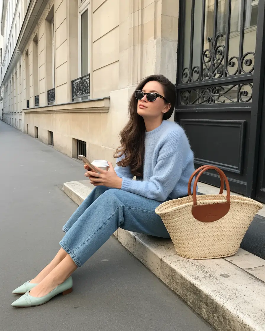 2026 Mint Pointed Pumps With Soft Blue Knitwear for an Elegant Spring Palette