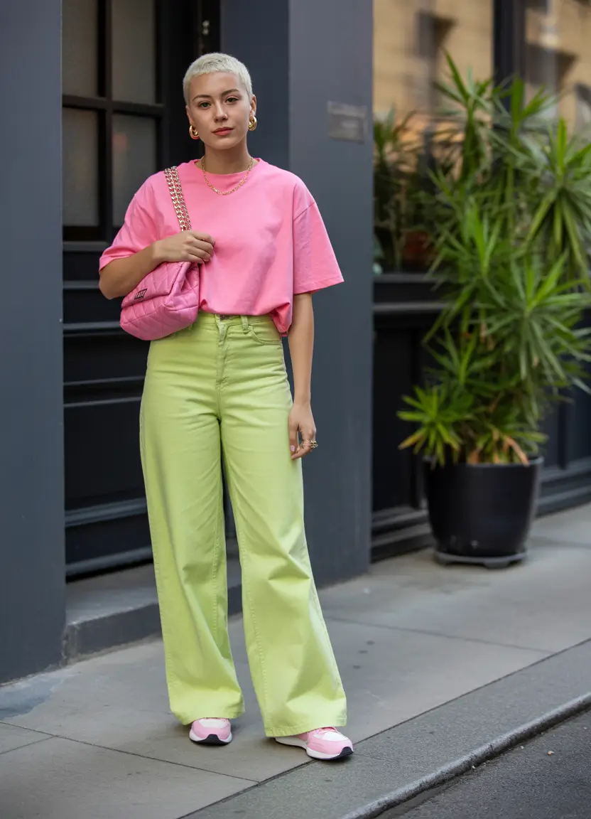 2026 Bold Color Blocking With Candy-Pink Sneakers