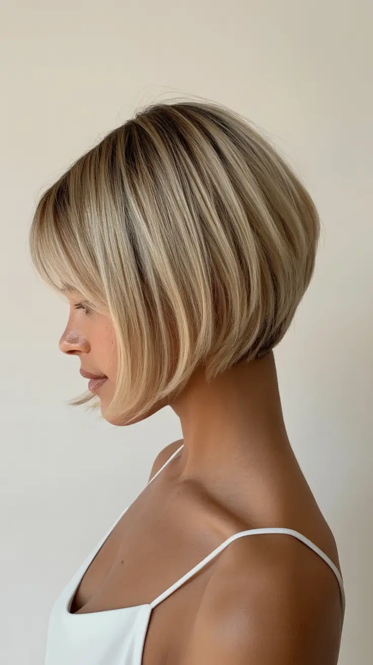 dreamy spring bob haircuts 2026 Feathered Champagne Blonde Graduated Bob
