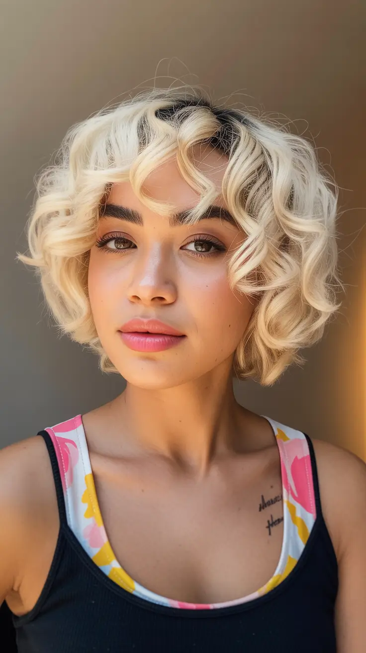 dreamy spring bob haircuts 2026 Soft Halo Curly Blonde Bob with Micro Layers