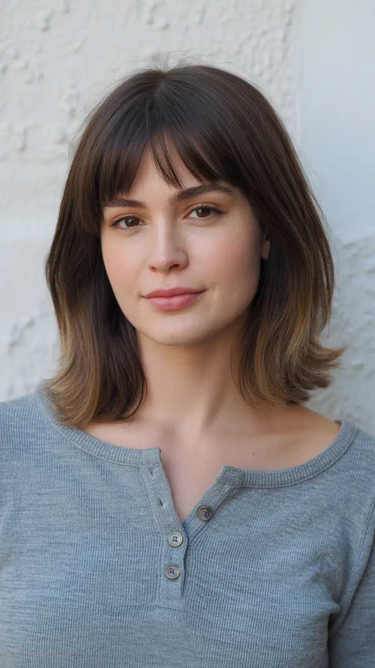 dreamy spring mid length haircuts 2026 Soft Brunette Mid Length with Light Straight Fringe