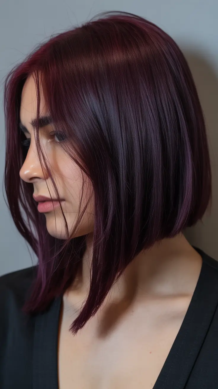 dreamy spring mid length haircuts 2026 Deep Cherry Sleek Mid Length with Precision Line