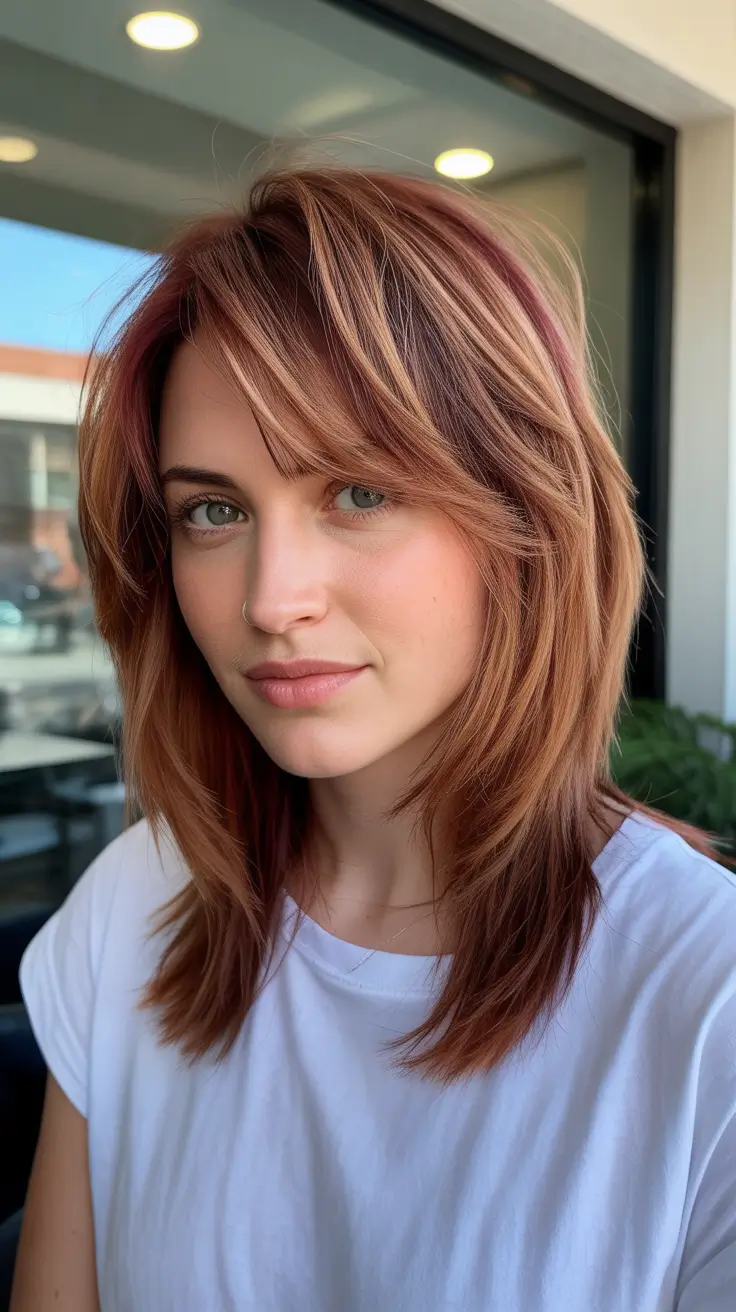 dreamy spring mid length haircuts 2026 Warm Copper Layered Mid Length with Airy Lift