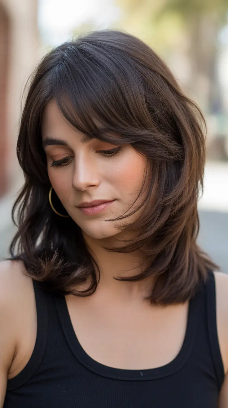 dreamy spring mid length haircuts 2026 Chocolate Brown Mid Length with Curved Face Frame