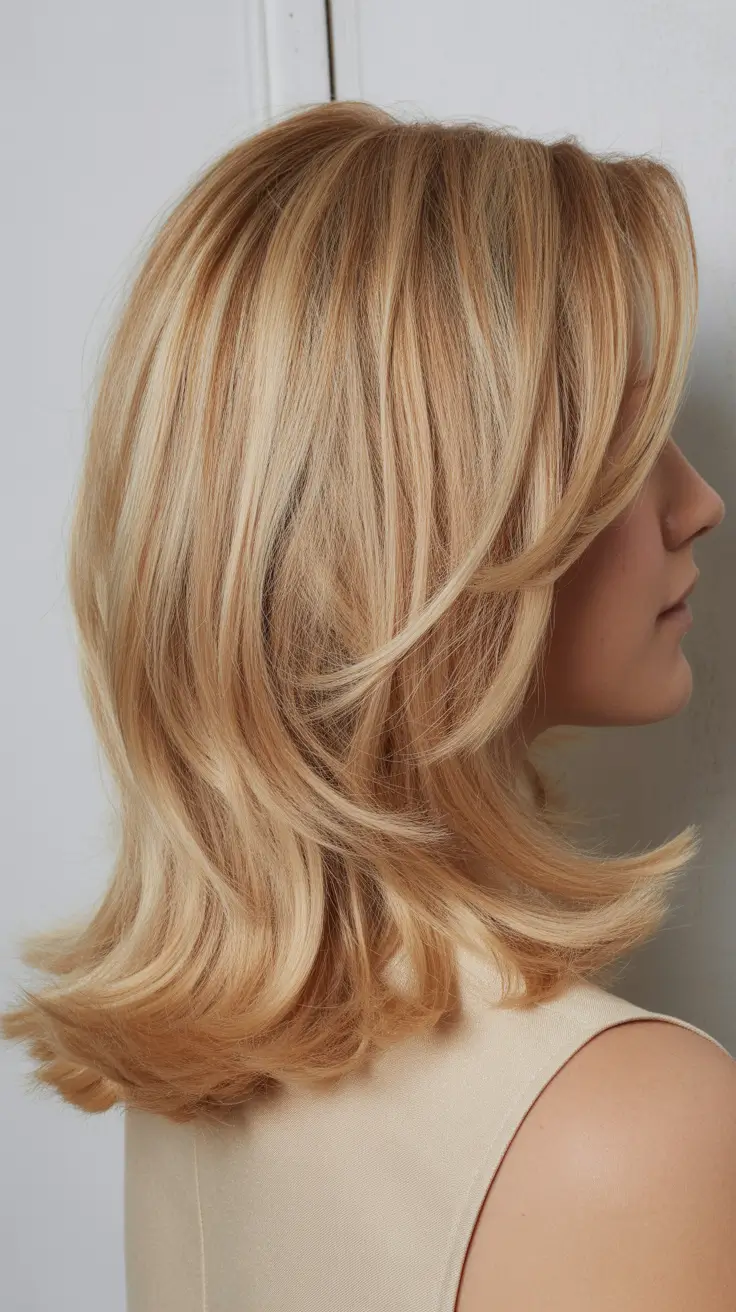 dreamy spring mid length haircuts 2026 Feathered Vanilla Blonde Mid Length with Soft Flicked Layers
