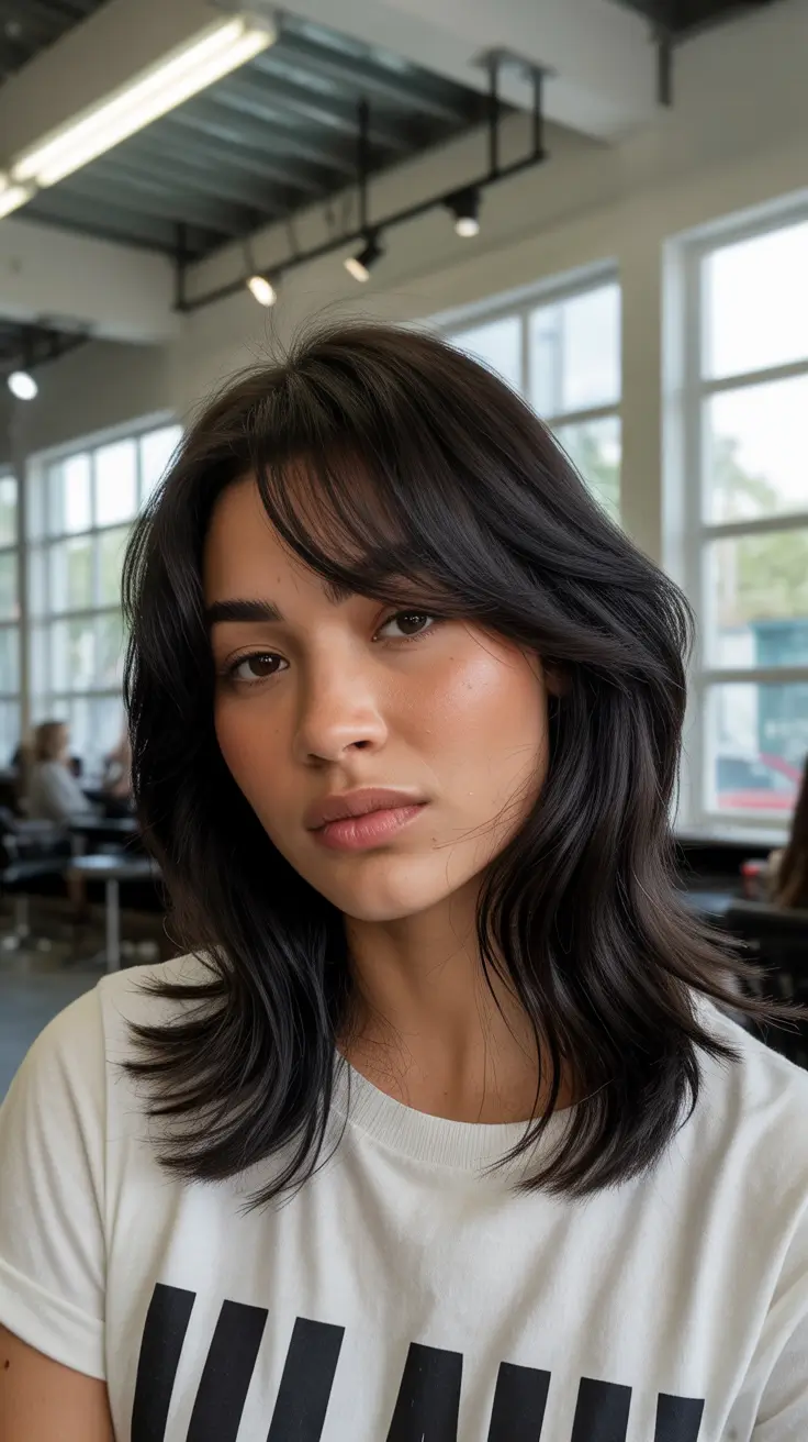 dreamy spring mid length haircuts 2026 Soft Auburn Layered Mid Length with Wispy Fringe