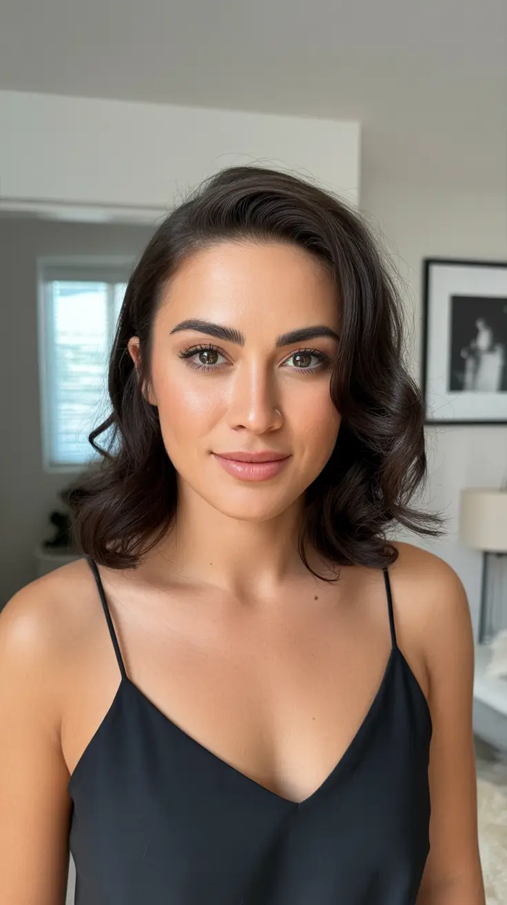 dreamy spring mid length haircuts 2026 Glossy Brunette Mid Length with Sculpted Side Sweep