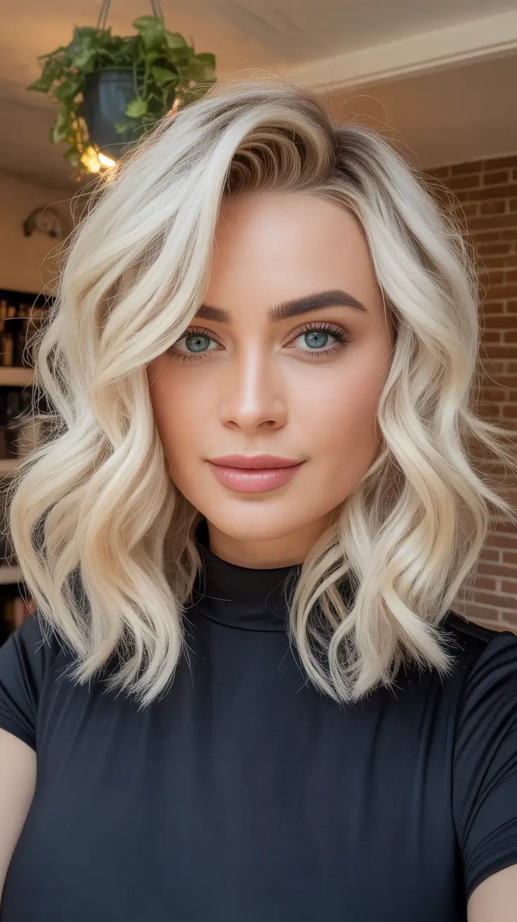 dreamy spring mid length haircuts 2026 Soft Platinum Mid Length Waves with Airy Volume