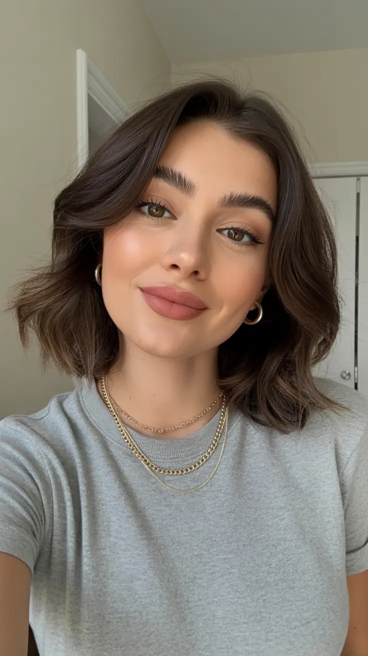 dreamy spring mid length haircuts 2026 Modern Brunette Textured Mid Length with Soft Waves