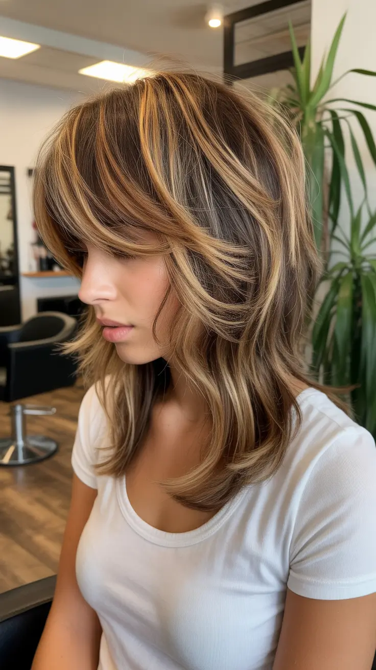 dreamy spring mid length haircuts 2026 Golden Caramel Shag Inspired Mid Length with Piecey Layers