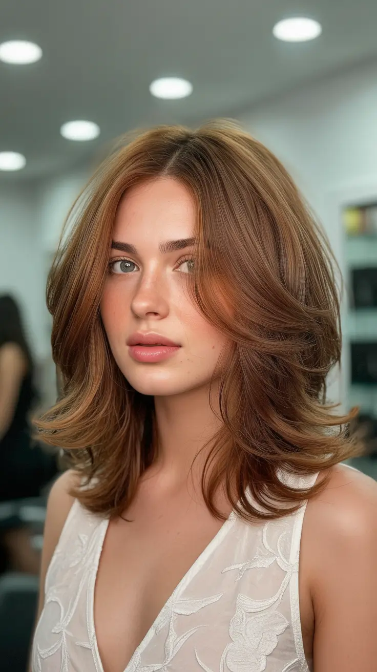 dreamy spring mid length haircuts 2026 Feathered Auburn Mid Length Layers with Sculpted Movement