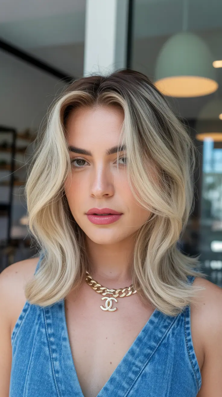dreamy spring mid length haircuts 2026 Dimensional Blonde Mid Length with Soft Curtain Flow