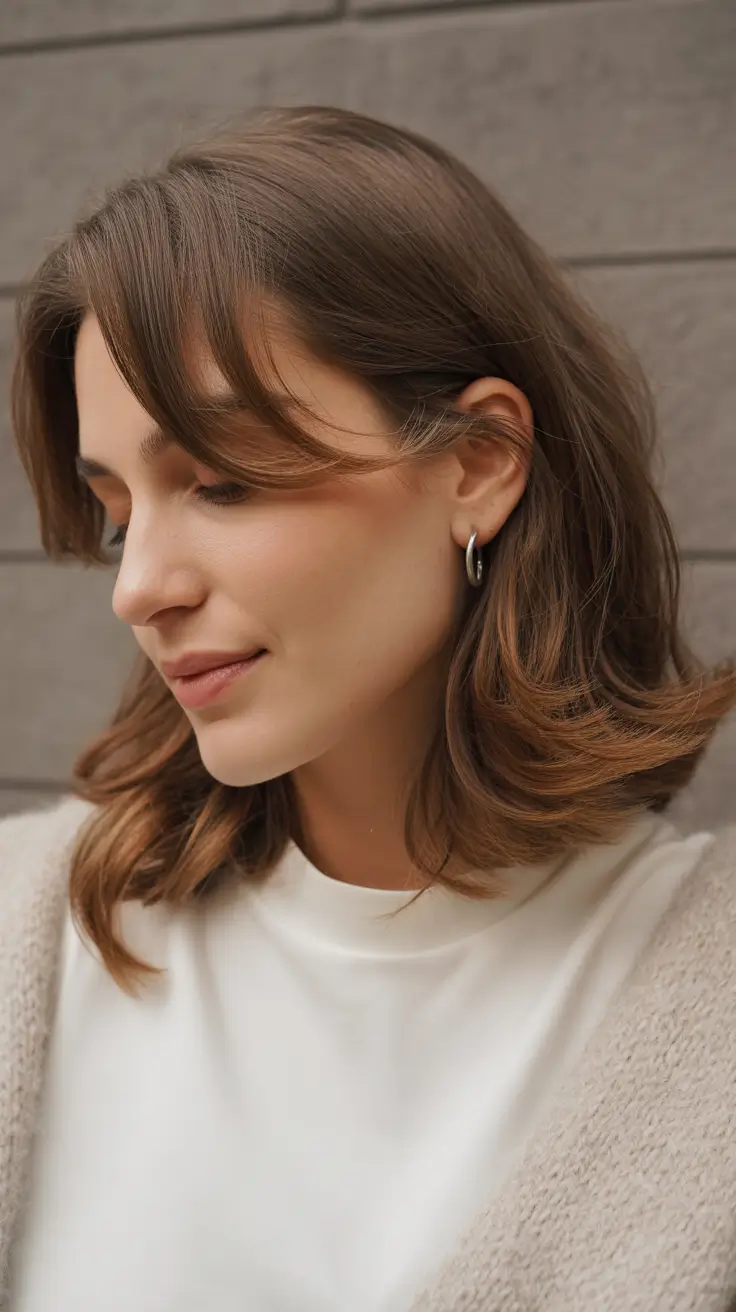 dreamy spring mid length haircuts 2026 Soft Chestnut Mid Length with Rounded Under Curve