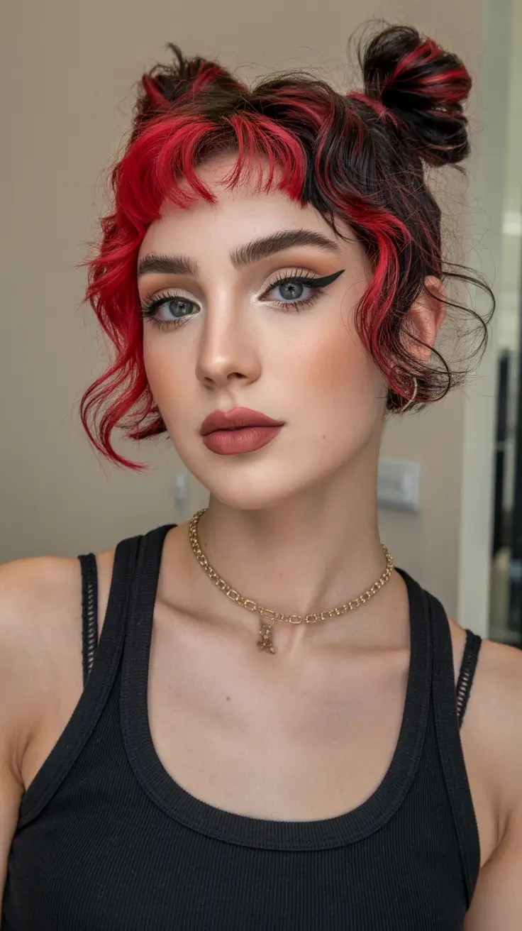 spring short haircuts 2026 Cherry-Tipped Micro Fringe With Playful Buns