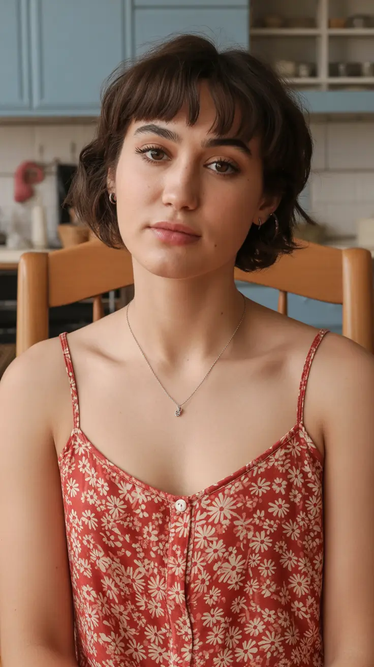 spring short haircuts 2026 Soft Brunette Crop With Whisper-Light Bangs