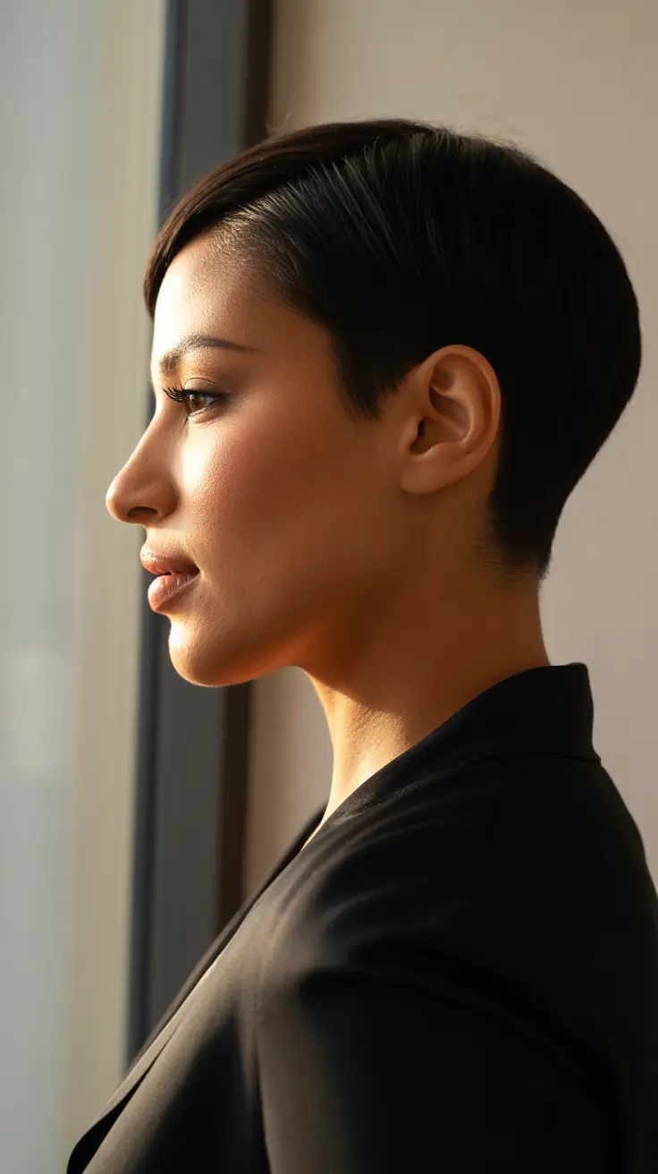 spring short haircuts 2026 Sleek Sculpted Pixie With Side Definition