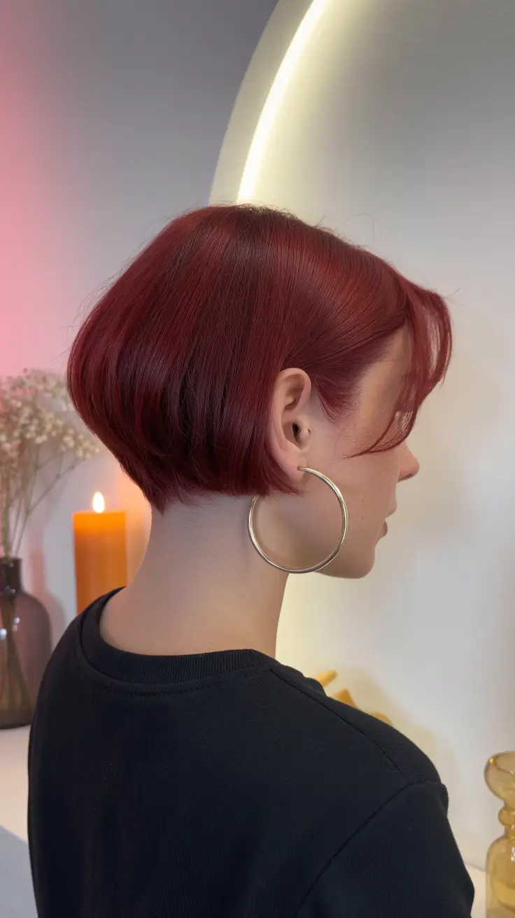 spring short haircuts 2026 Cherry Red Micro Bob With Clean Nape