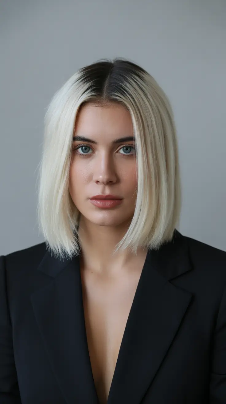 spring short haircuts 2026 Sharp Blonde Bob With Dark Root Contrast