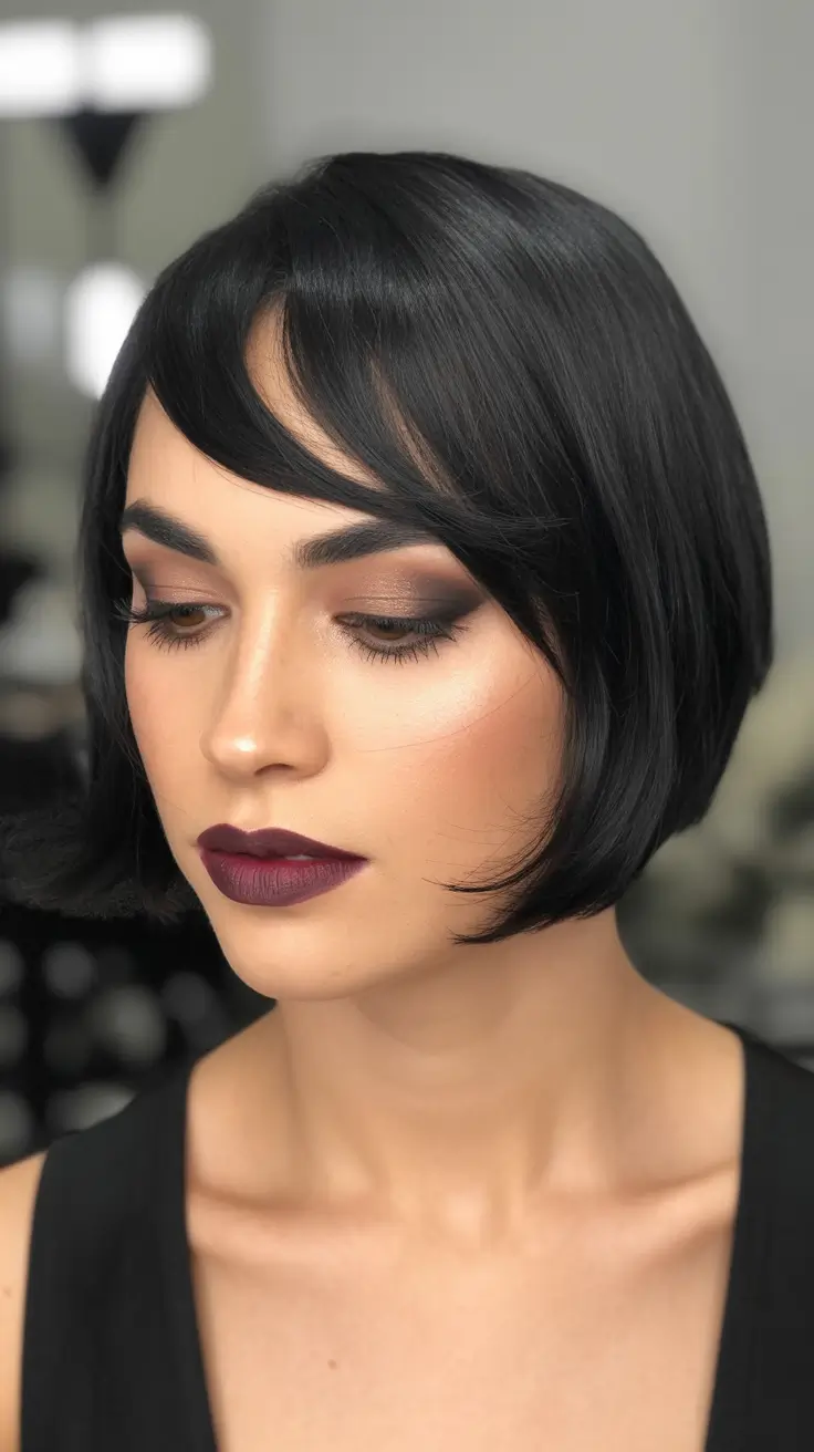 spring short haircuts 2026 Sleek Noir Bob With Side-Swept Bangs