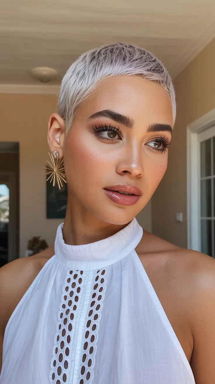 spring short haircuts 2026 Ultra-Short Silver Pixie With Sculpted Texture