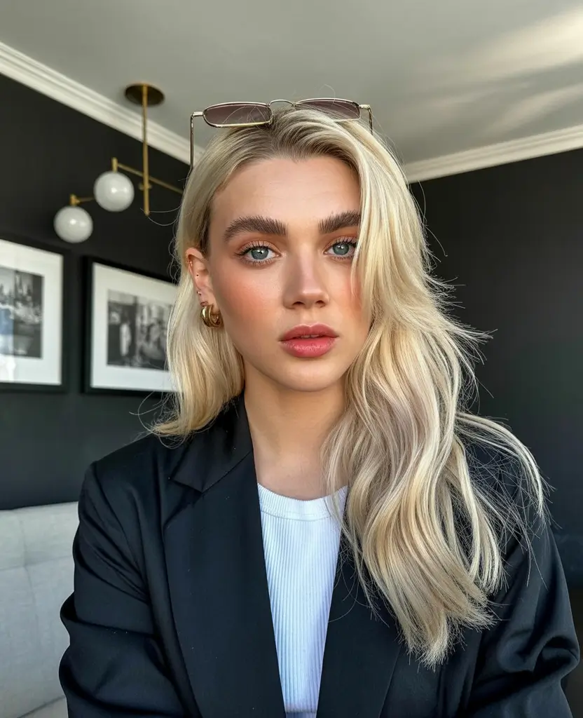 Haircolor Soft Pearl Blonde With a Modern Polished Finish