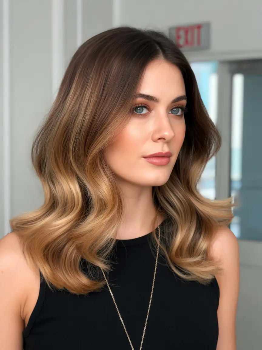Haircolor Caramel-Bronde Waves With Soft Dimension
