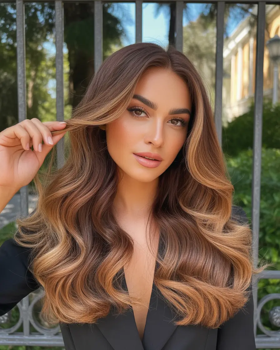 Haircolor Warm Caramel Ribbon Waves for Radiant Softness