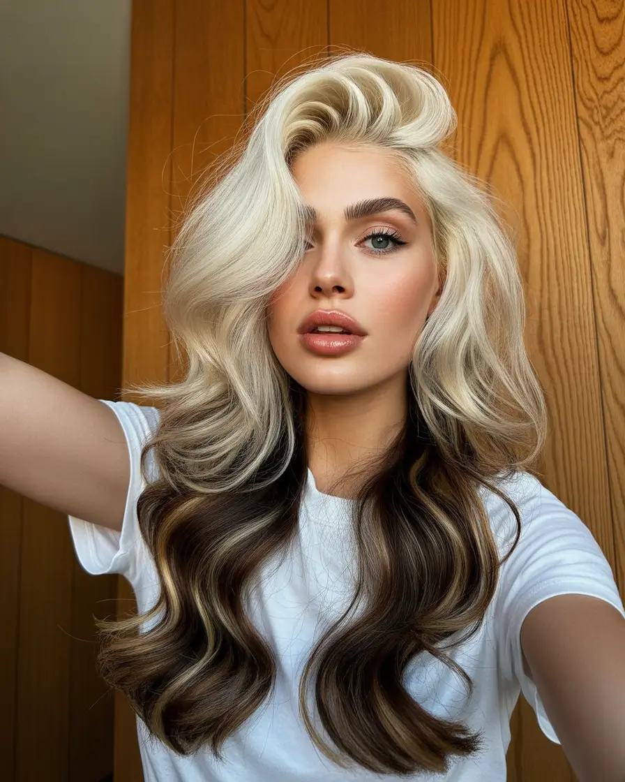 Haircolor High-Contrast Blonde and Brunette Blend With Modern Drama