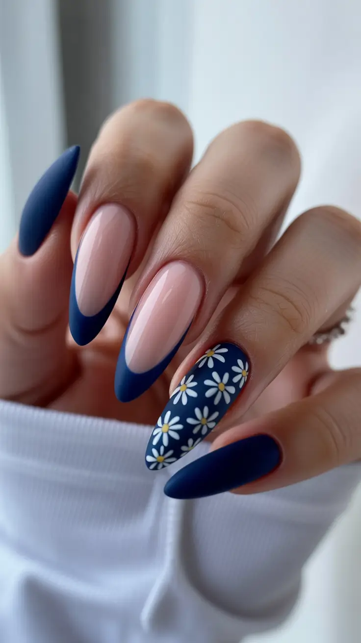 elegant cute spring nails 2026 Deep Navy with Daisy Accent Detail