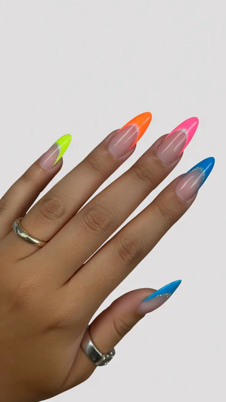 elegant cute spring nails 2026 Neon-Tipped Almond Nails with Clean Color Blocking
