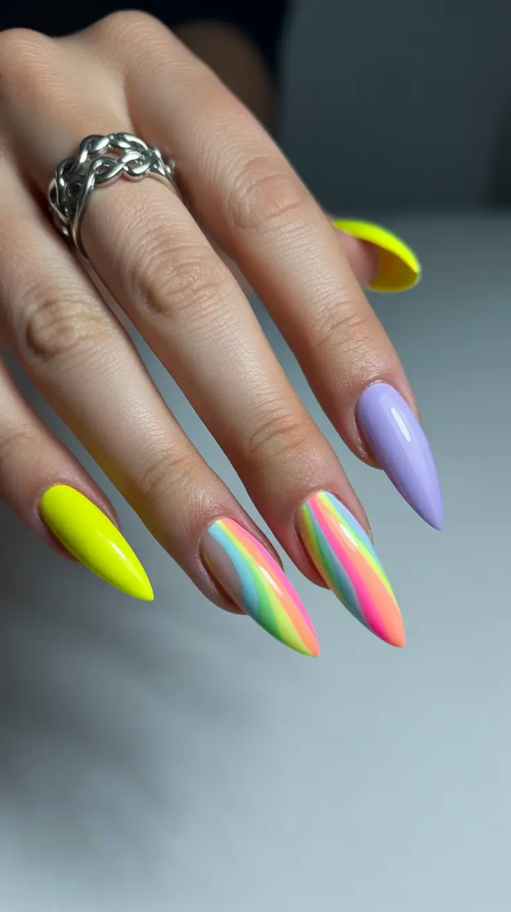 elegant cute spring nails 2026 Rainbow Gradient on Elongated Almond Tips
