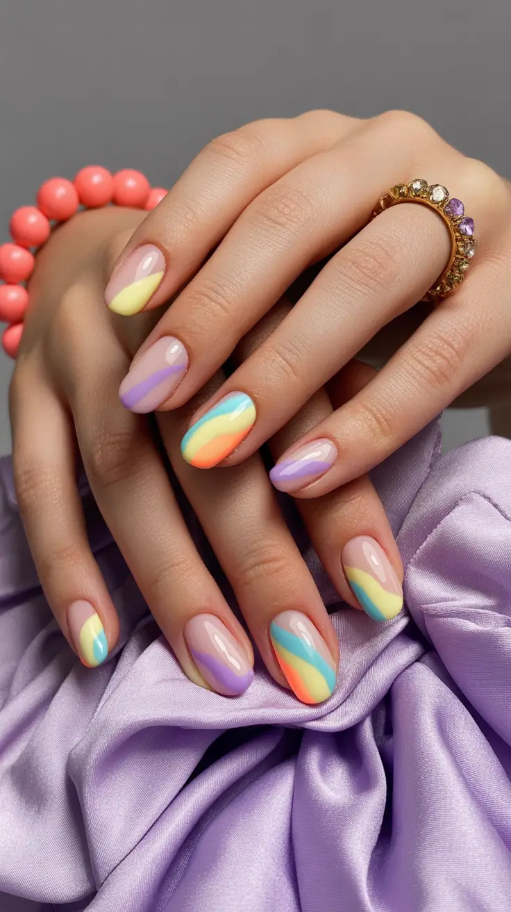 elegant cute spring nails 2026 Soft Pastel Waves on Short Almond Nails