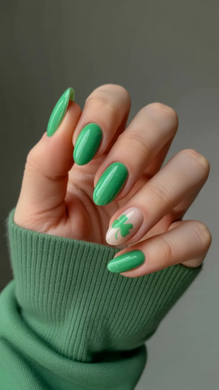 elegant cute spring nails 2026 Fresh Green Clover Accent on Short Almond Nails