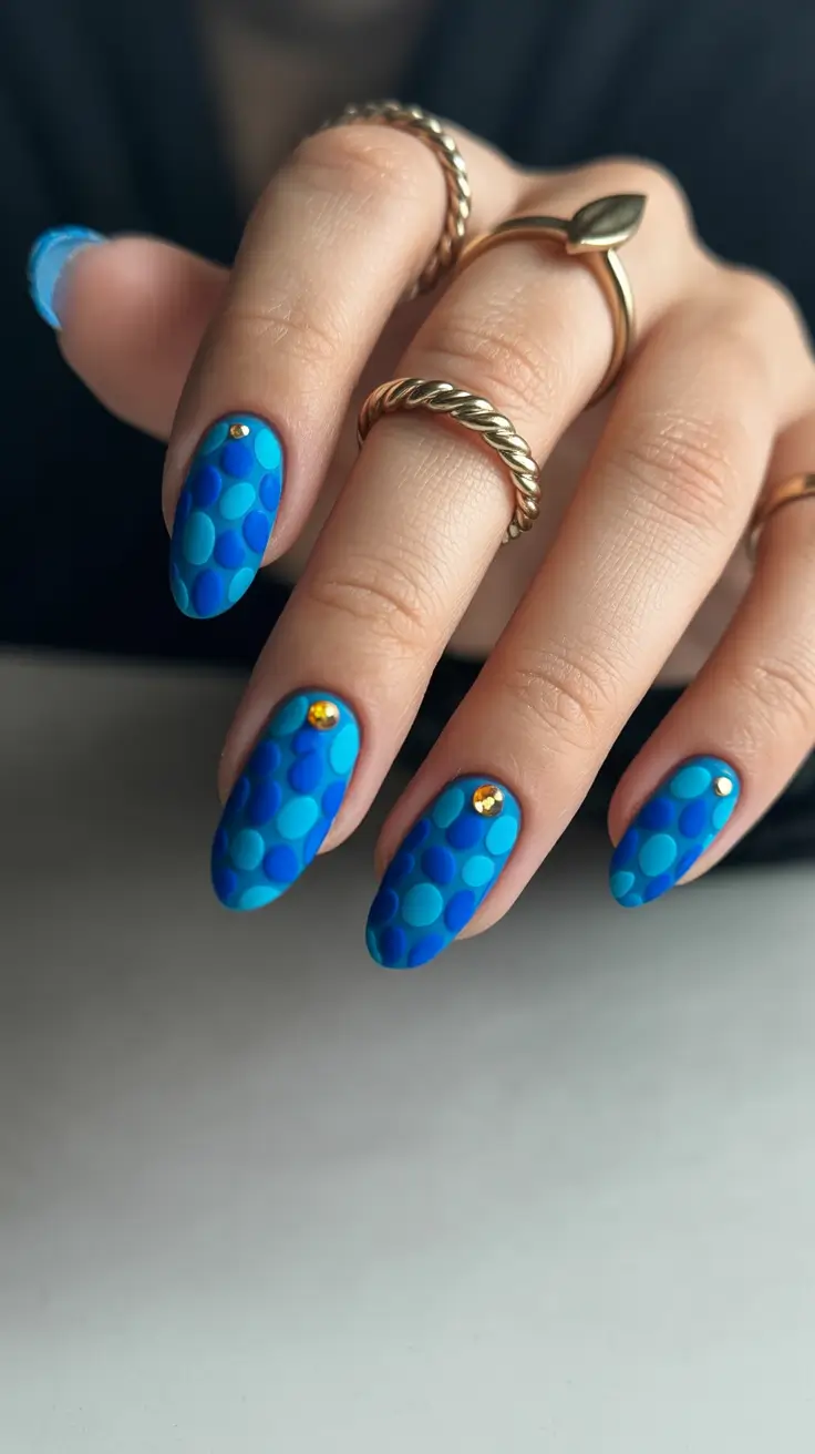 elegant cute spring nails 2026 Blue Dot Texture with Subtle Metallic Accents