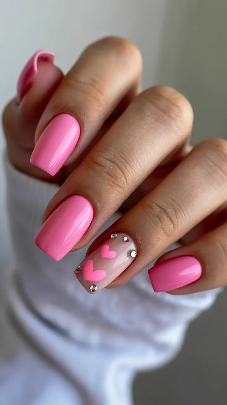 elegant cute spring nails 2026 Glossy Pink Square Nails with Heart Accent