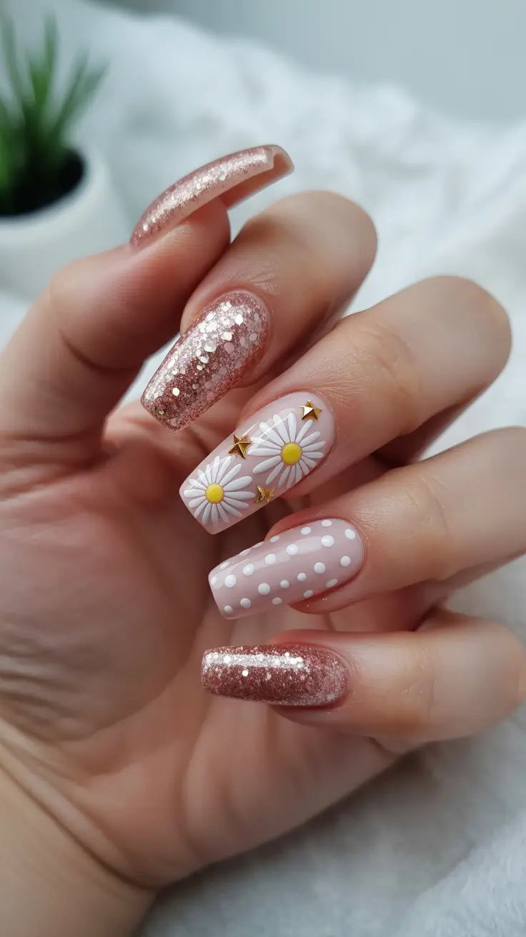 elegant cute spring nails 2026 Rose Gold Glitter with Daisy and Polka Dot Mix