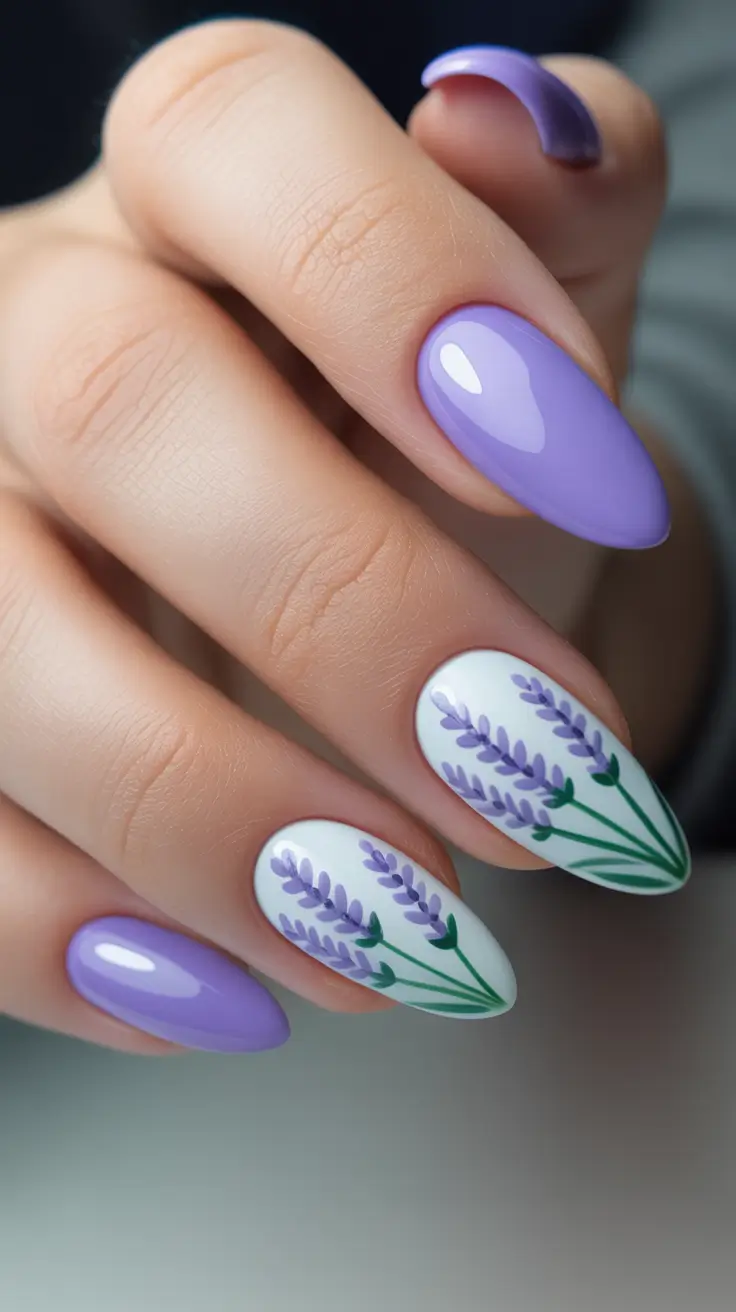 elegant cute spring nails 2026 Lavender Calm with Minimal Botanical Art