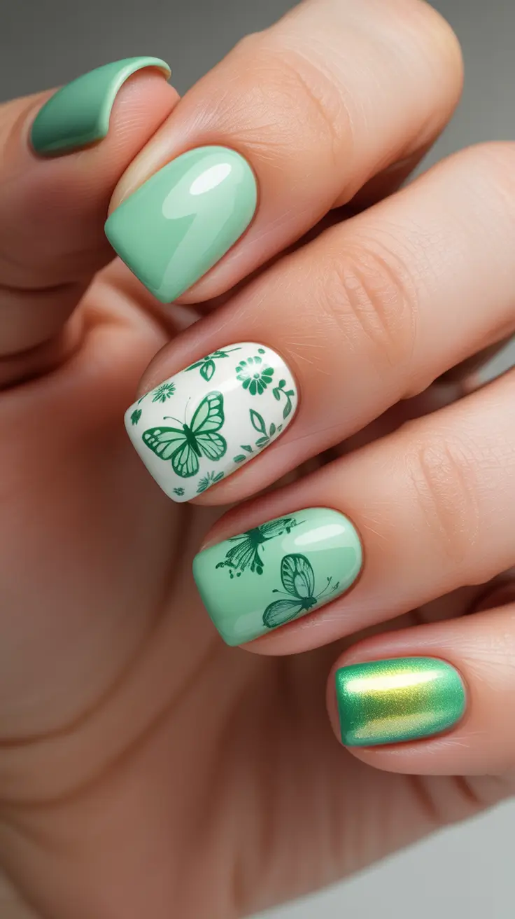 elegant cute spring nails 2026 Mint Green Butterfly Art on Short Nails